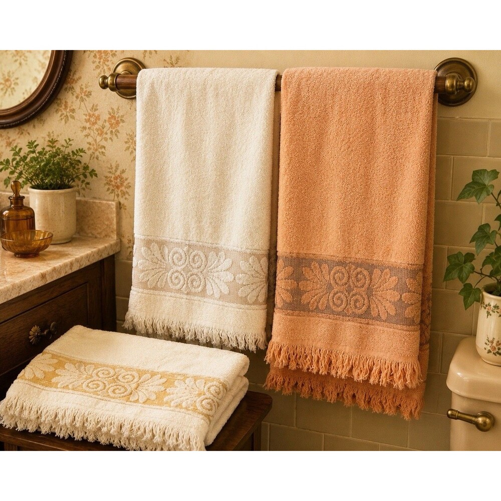 Vintage Cannon Monticello Towels Set 3 Cream Beige Peach Floral Fringe Bath Vtg